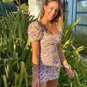 Zara Floral Ruched Puff Sleeve Draped Smocked Mini Dress Lilac  Purple Medium